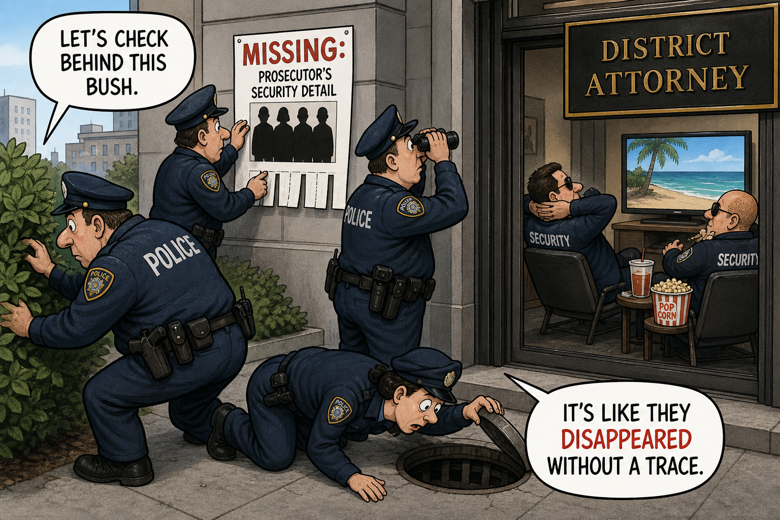 Satirical cartoon for Police Who Disappeared Prosecutor's Security Detail to Investigate Breach