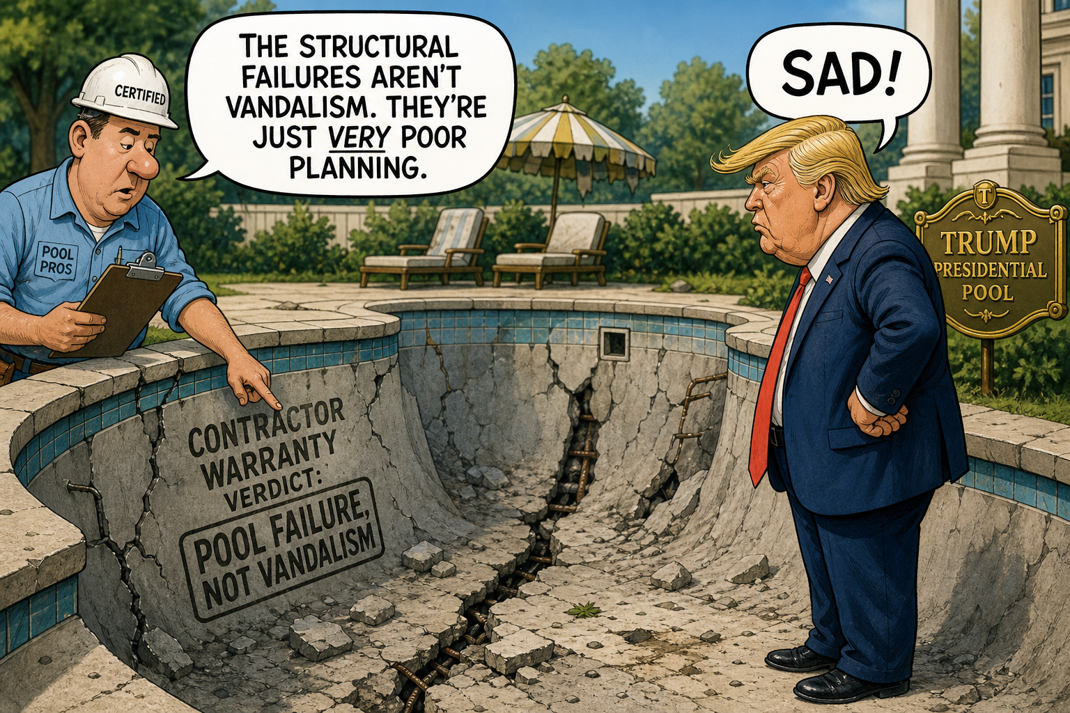Satirical cartoon for Contractor Warranty Confirms Pool Failure, Not Vandalism