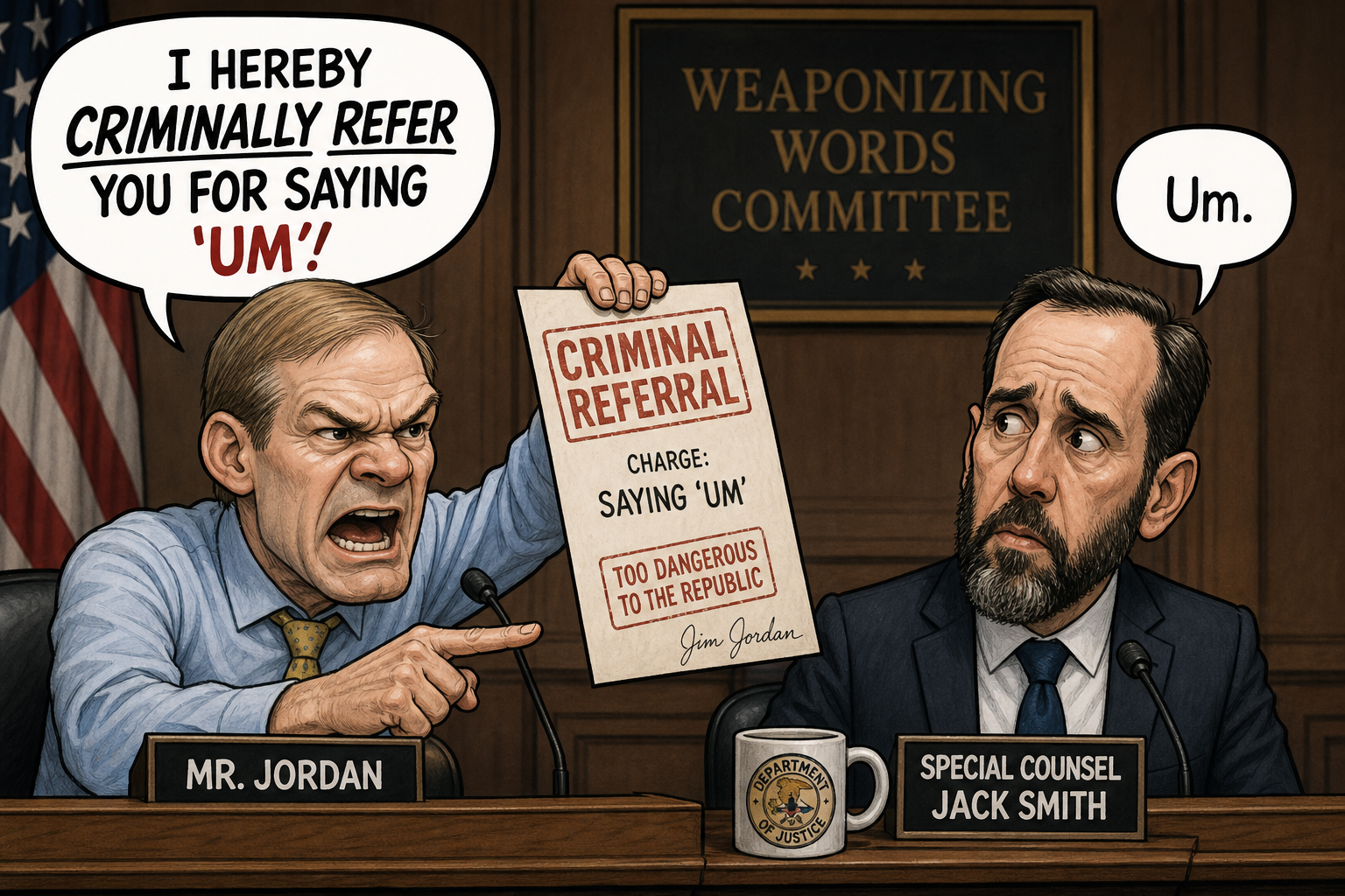 Satirical cartoon for Jim Jordan Criminally Refers Jack Smith for Saying 'Um'