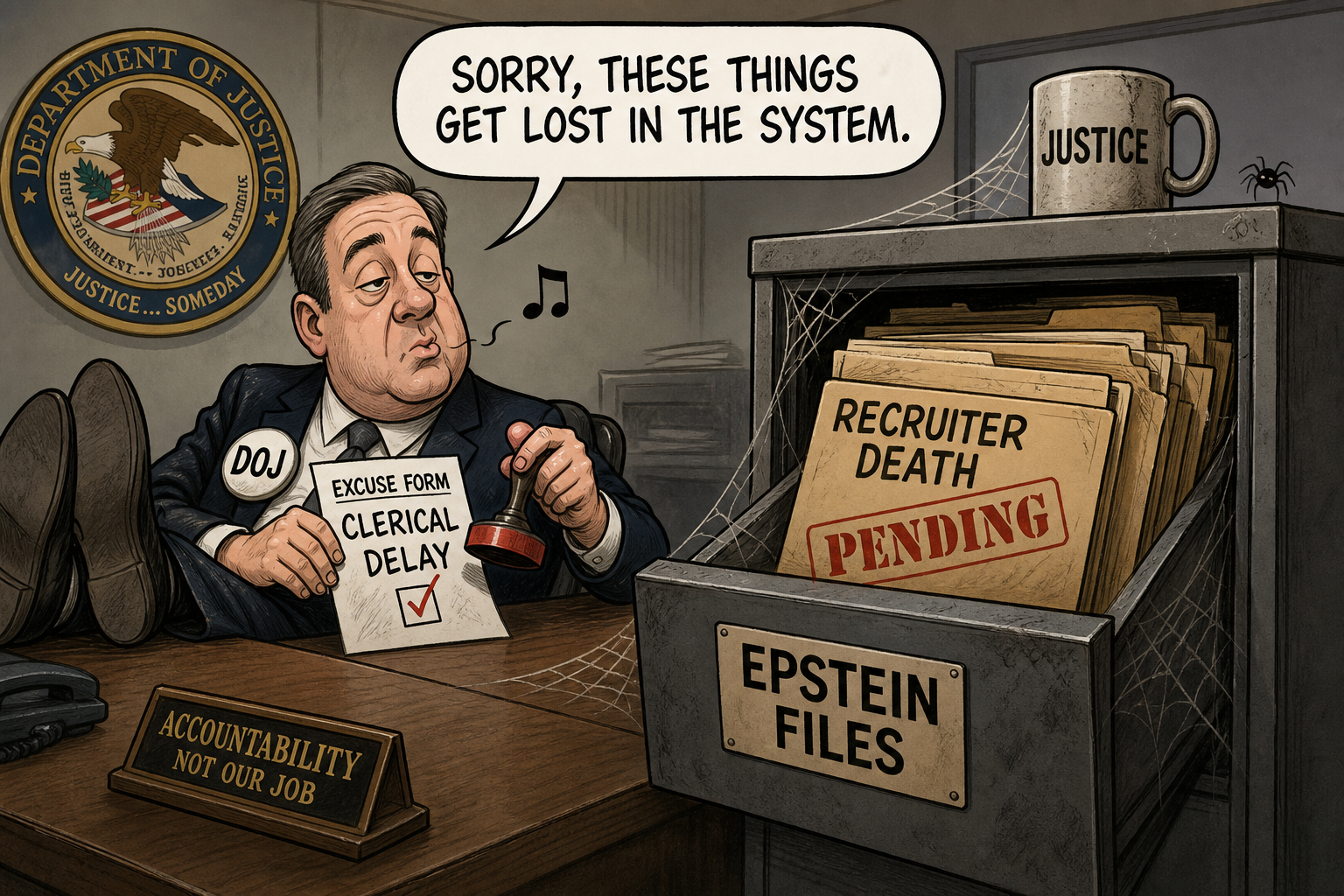 Satirical cartoon for DOJ Cites Clerical Delay After Epstein Recruiter’s Unexplained Death