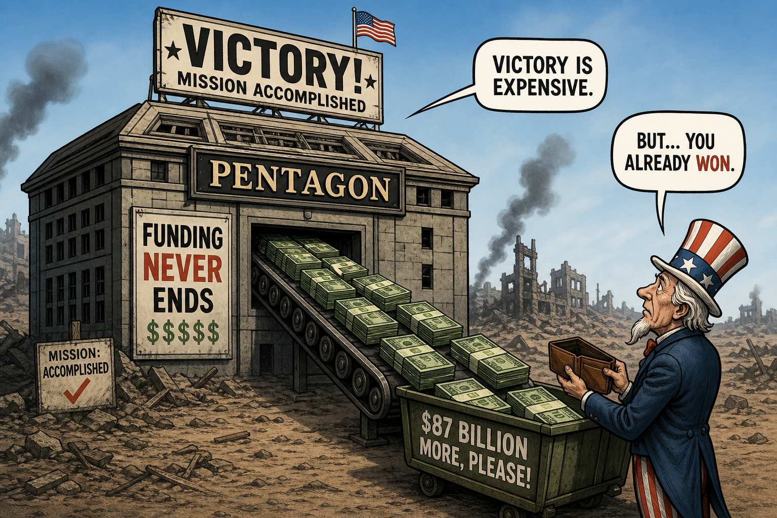 Satirical cartoon for Pentagon Seeks $87 Billion More for War It Already Won