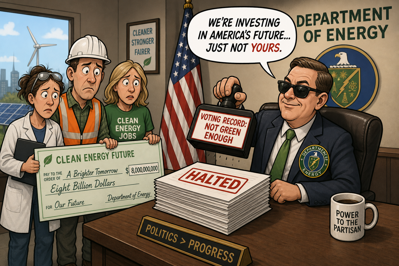 Satirical cartoon for DOE Confirms $8B in Energy Grants Halted Over Voting Record