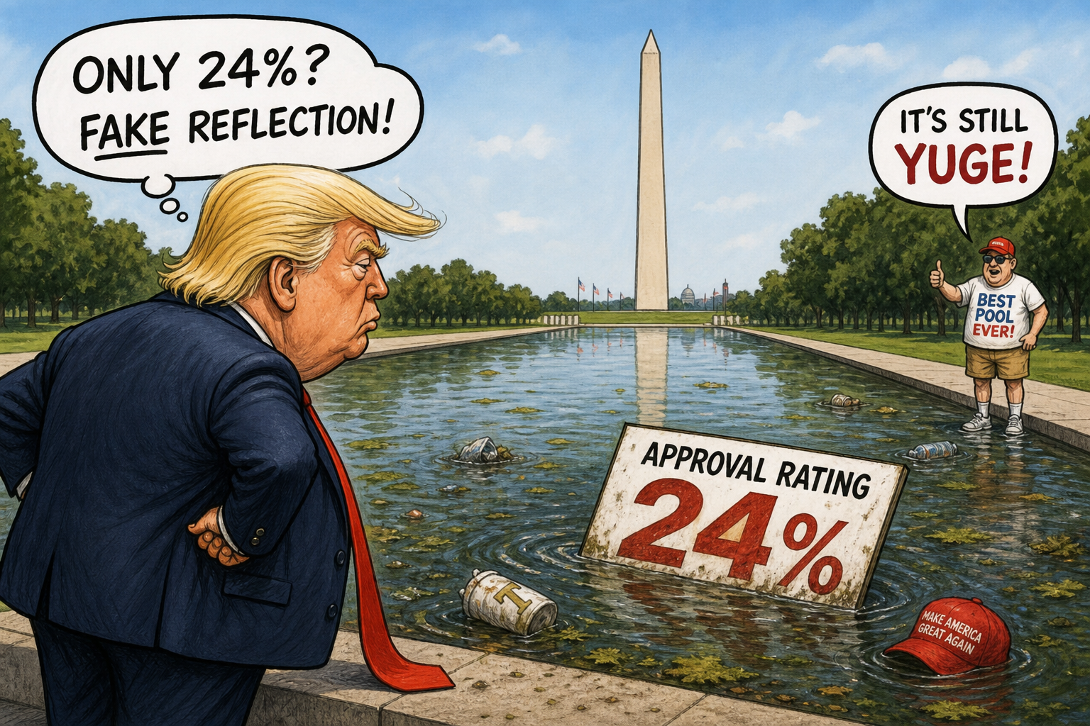 Satirical cartoon for Trump's Reflecting Pool Earns 24 Percent Approval Rating