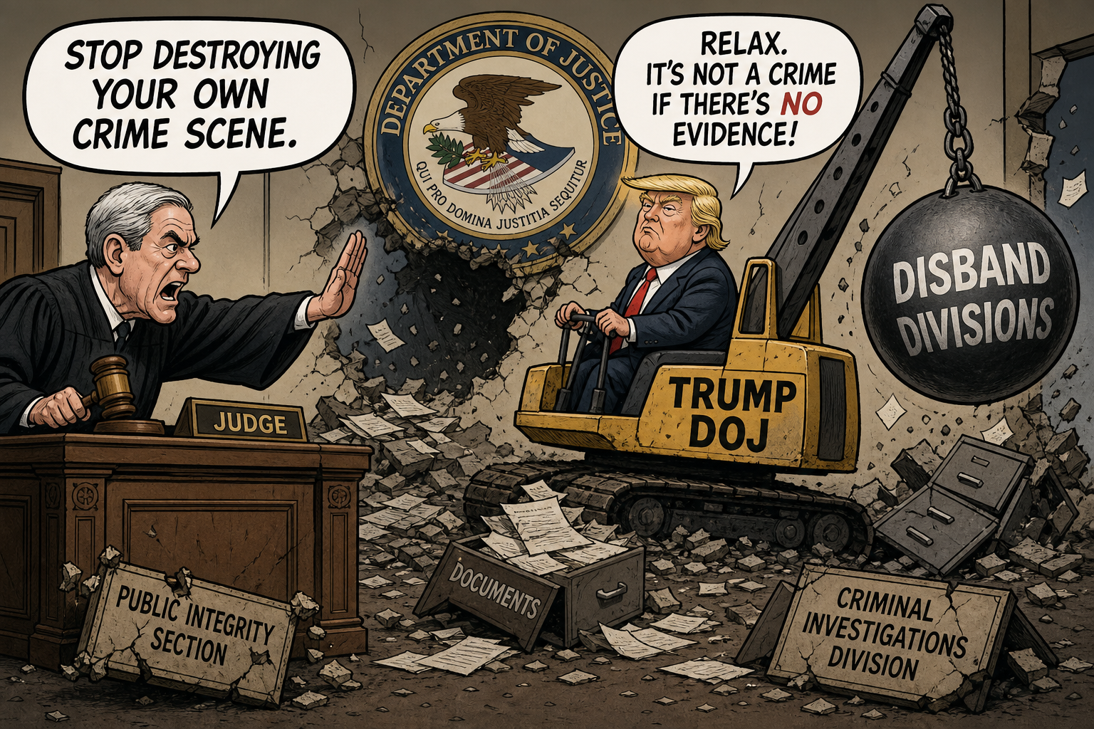 Satirical cartoon for Judge to Trump DOJ: Stop Destroying Your Own Crime Scene