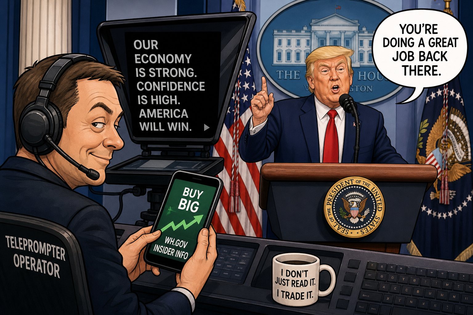 Satirical cartoon for Teleprompter Operator Followed White House Lead on Insider Trading