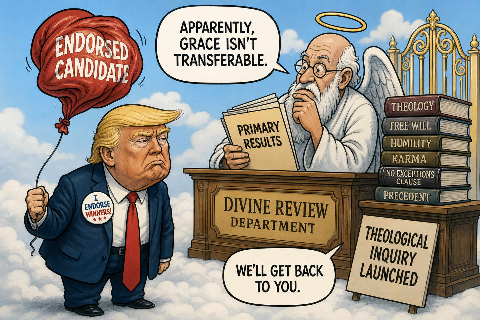 Satirical cartoon for Trump’s Endorsement Loses Primary; Theological Inquiry Launched