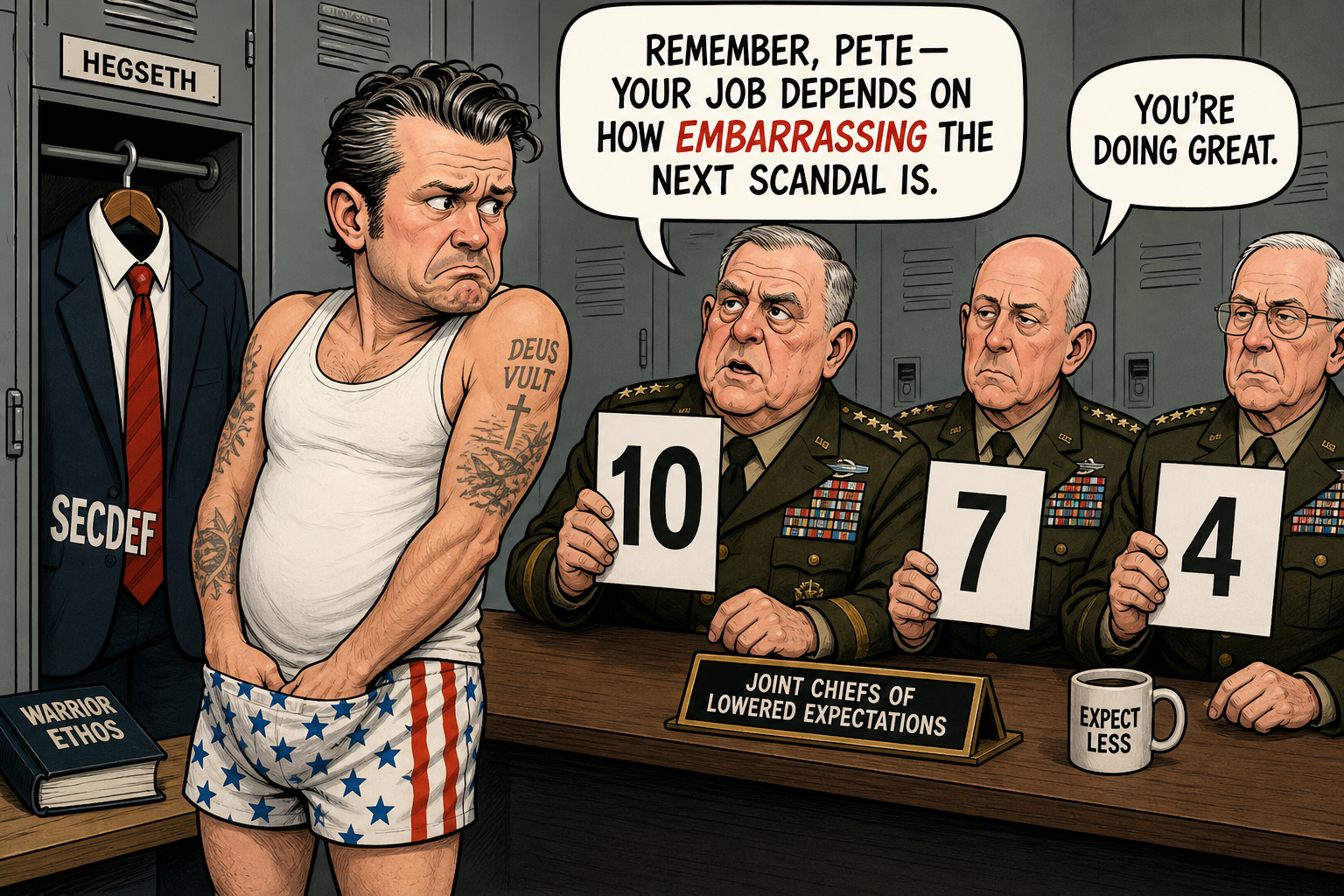 Satirical cartoon for Hegseth's Job Depends on How Embarrassing the Next Scandal Is