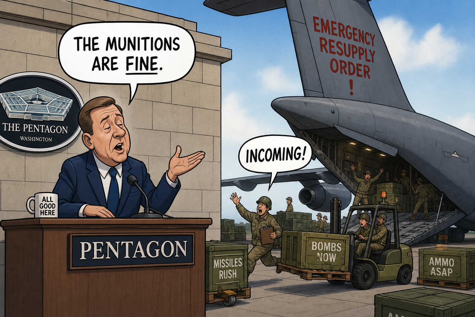 Satirical cartoon for Pentagon Says Munitions Fine, Then Orders Emergency Resupply