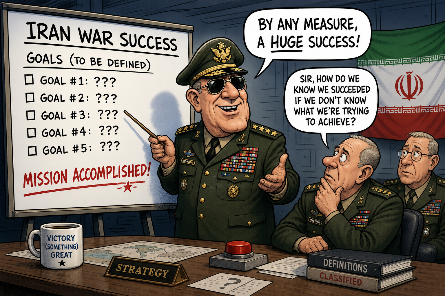 Satirical cartoon for Iran War Success Tracked By Goals Not Yet Defined