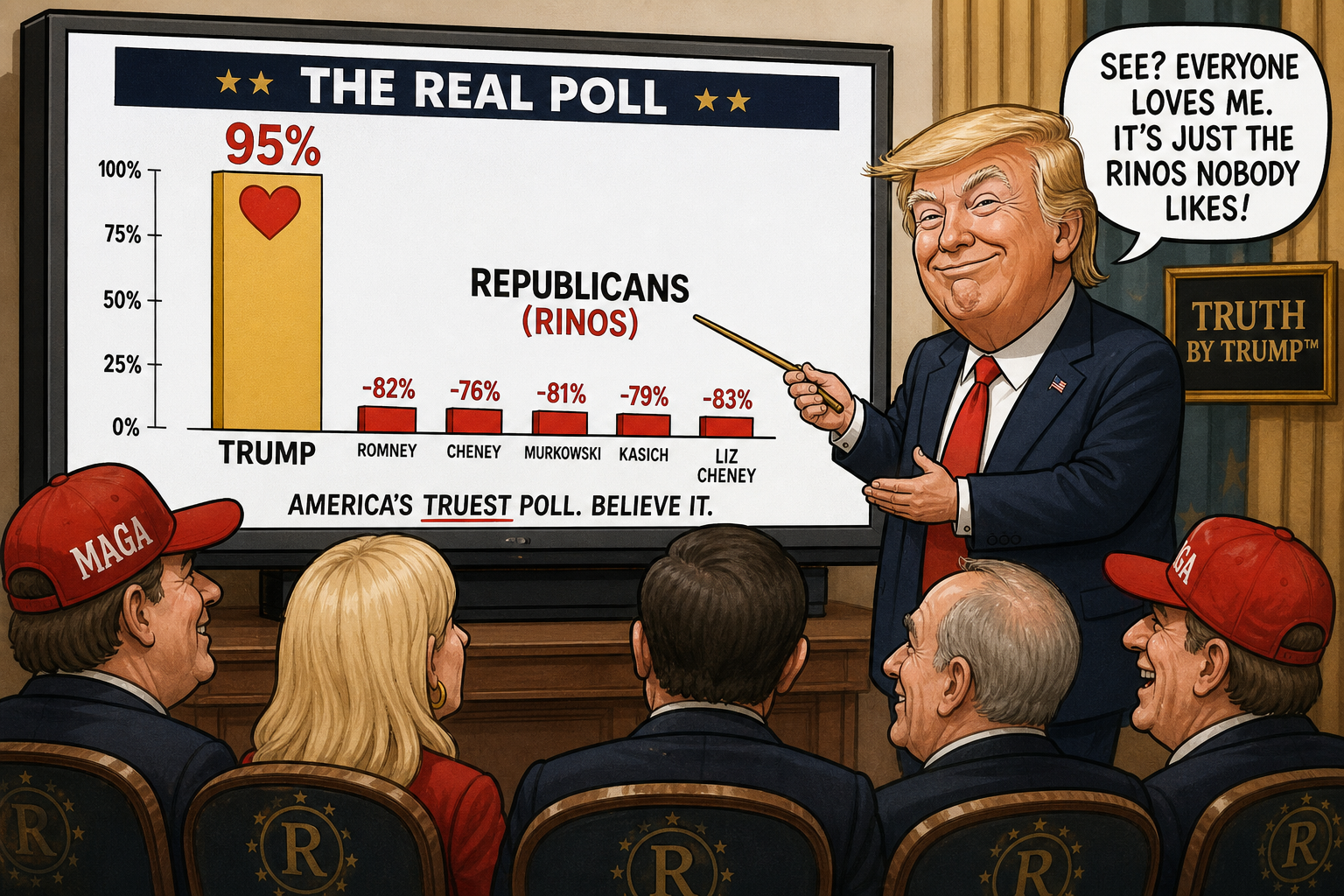 Satirical cartoon for Trump Builds Parallel Reality Where Only Republicans Are Unpopular