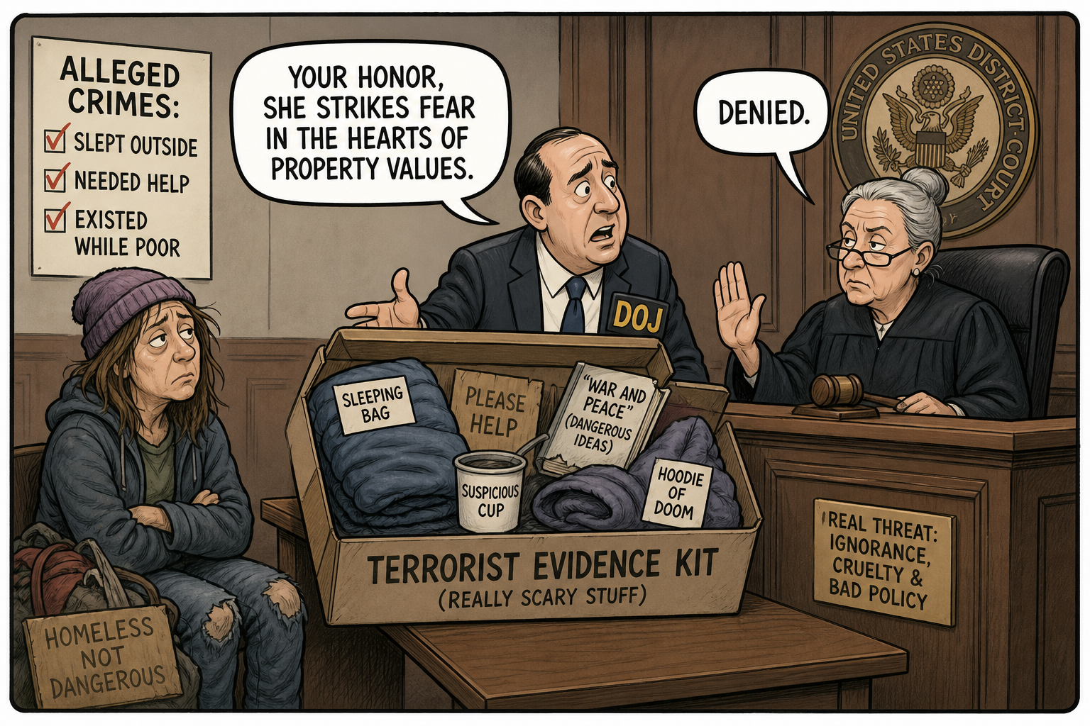 Satirical cartoon for Justice Department Loses Bid to Try Unhoused Woman as Terrorist