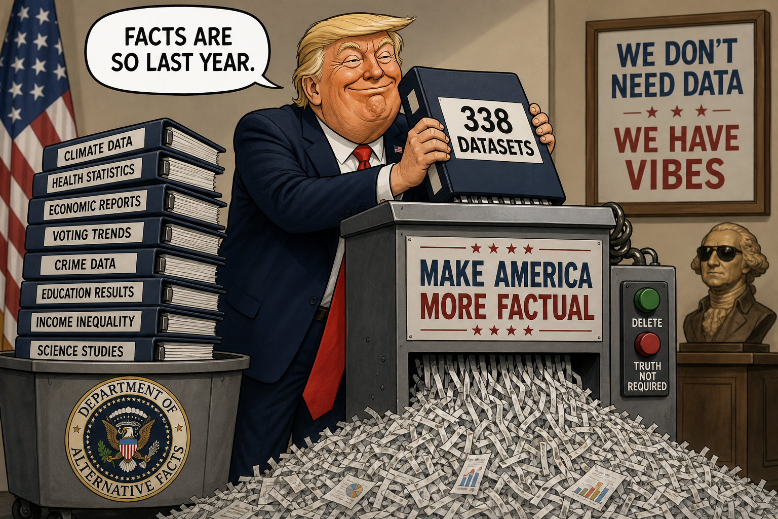 Satirical cartoon for Government Deletes 338 Datasets to Make America More Factual