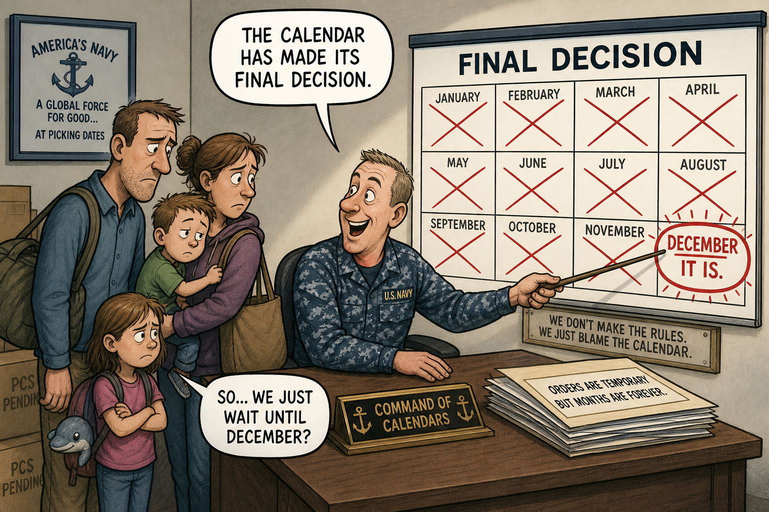 Satirical cartoon for Navy Tells Evacuated Families Calendar Has Made Final Decision