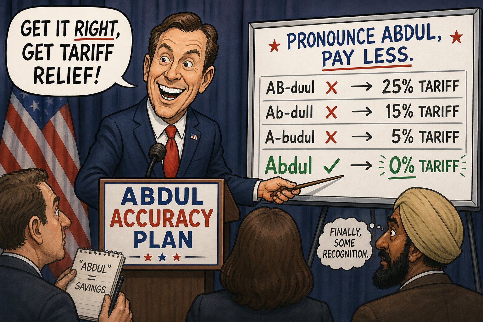 Satirical cartoon for Senate Candidate Proposes Tariff Relief Tied to Pronouncing Abdul Correctly
