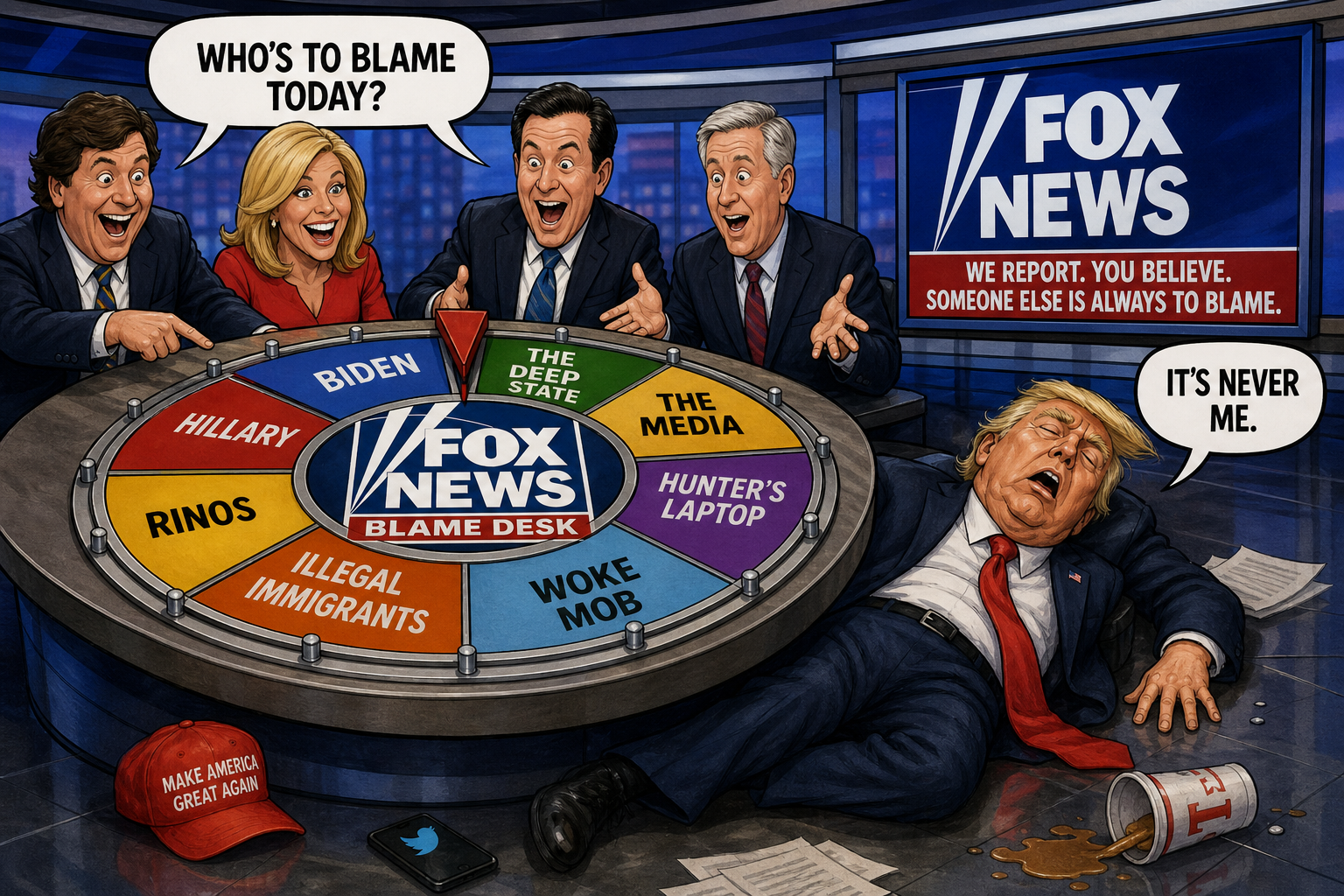 Satirical cartoon for Fox News Debuts Rotating Blame Desk as Trump Collapses