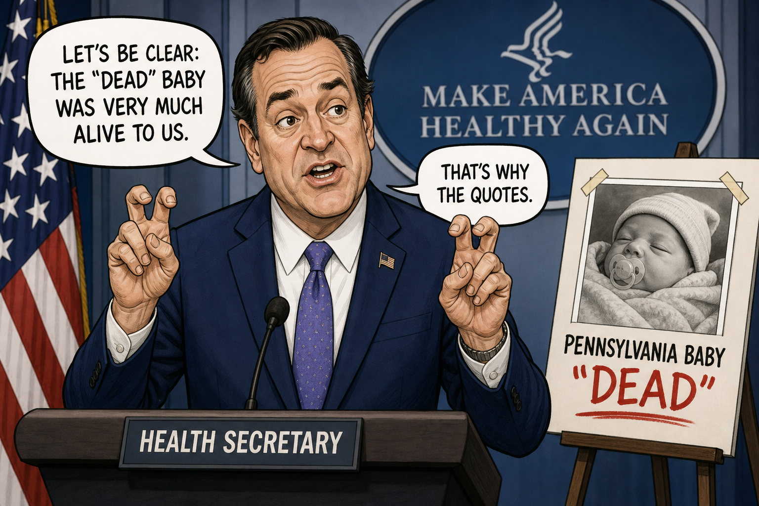 Satirical cartoon for Health Secretary Puts Air Quotes Around Dead Pennsylvania Baby