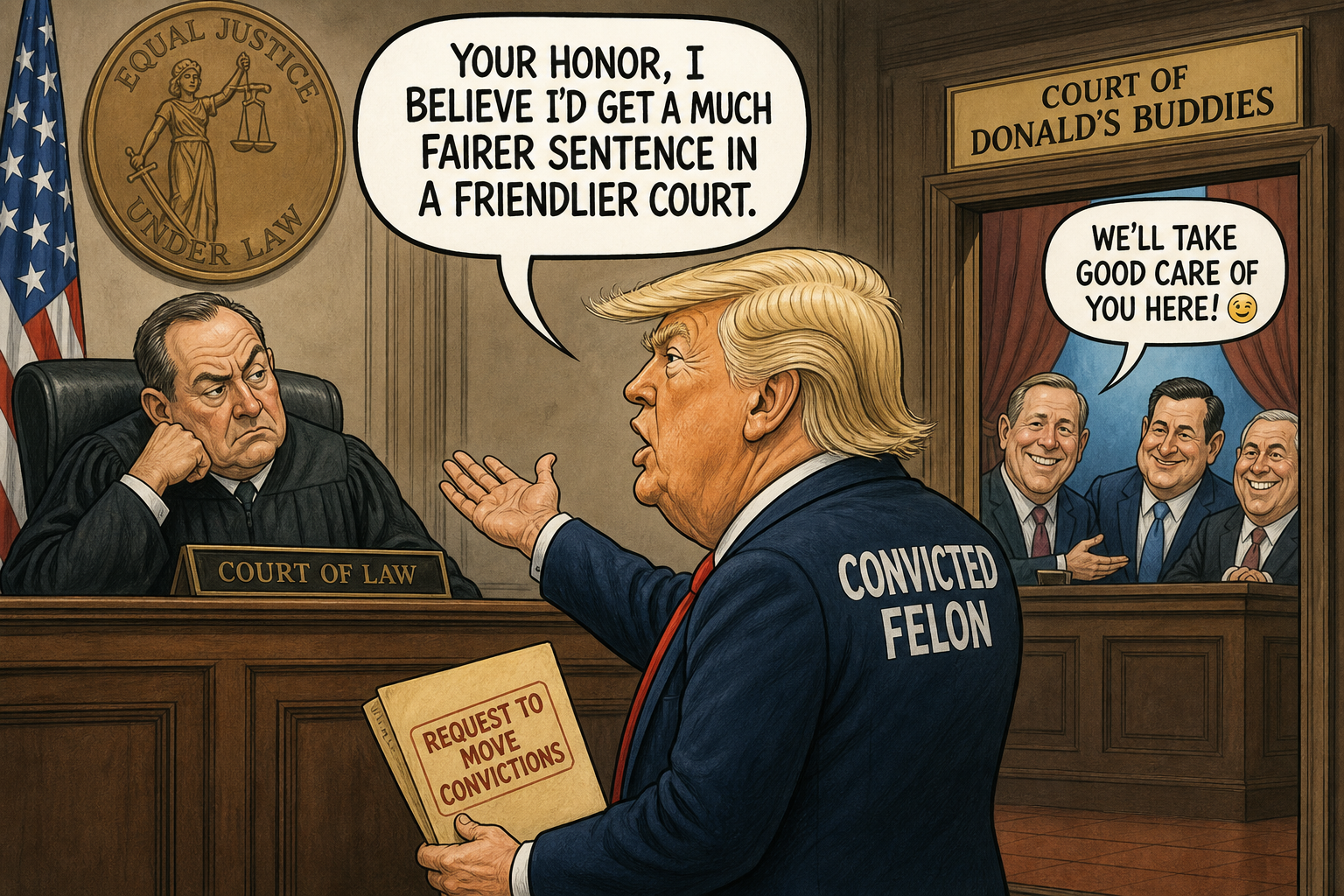 Satirical cartoon for Convicted Felon Requests His Convictions Be Moved To Friendlier Court