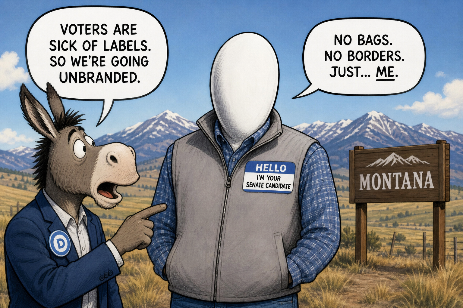 Satirical cartoon for Democrats to Field Unbranded Candidate in Montana Senate Race