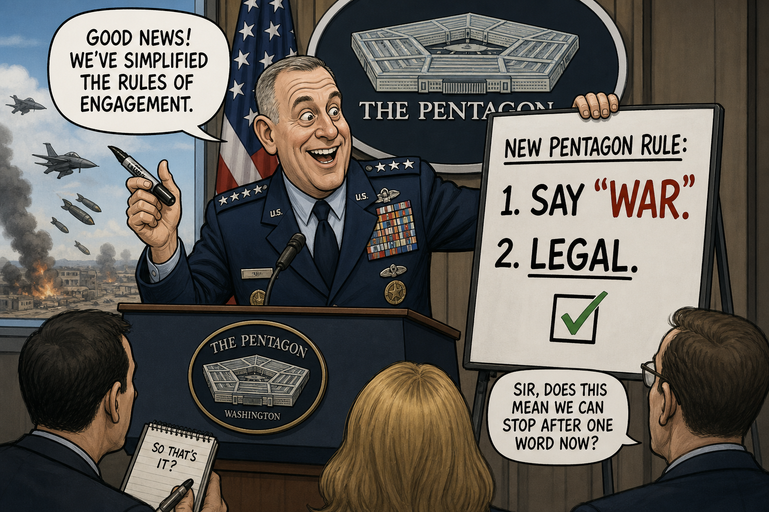 Satirical cartoon for Pentagon Rule Declares Saying War Now Makes Strikes Legal