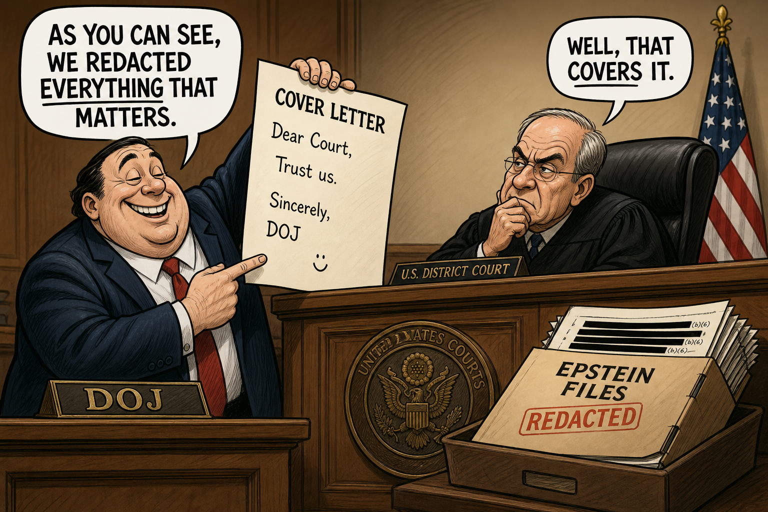 Satirical cartoon for DOJ Tells Court Cover Letter Satisfies Epstein Redaction Log
