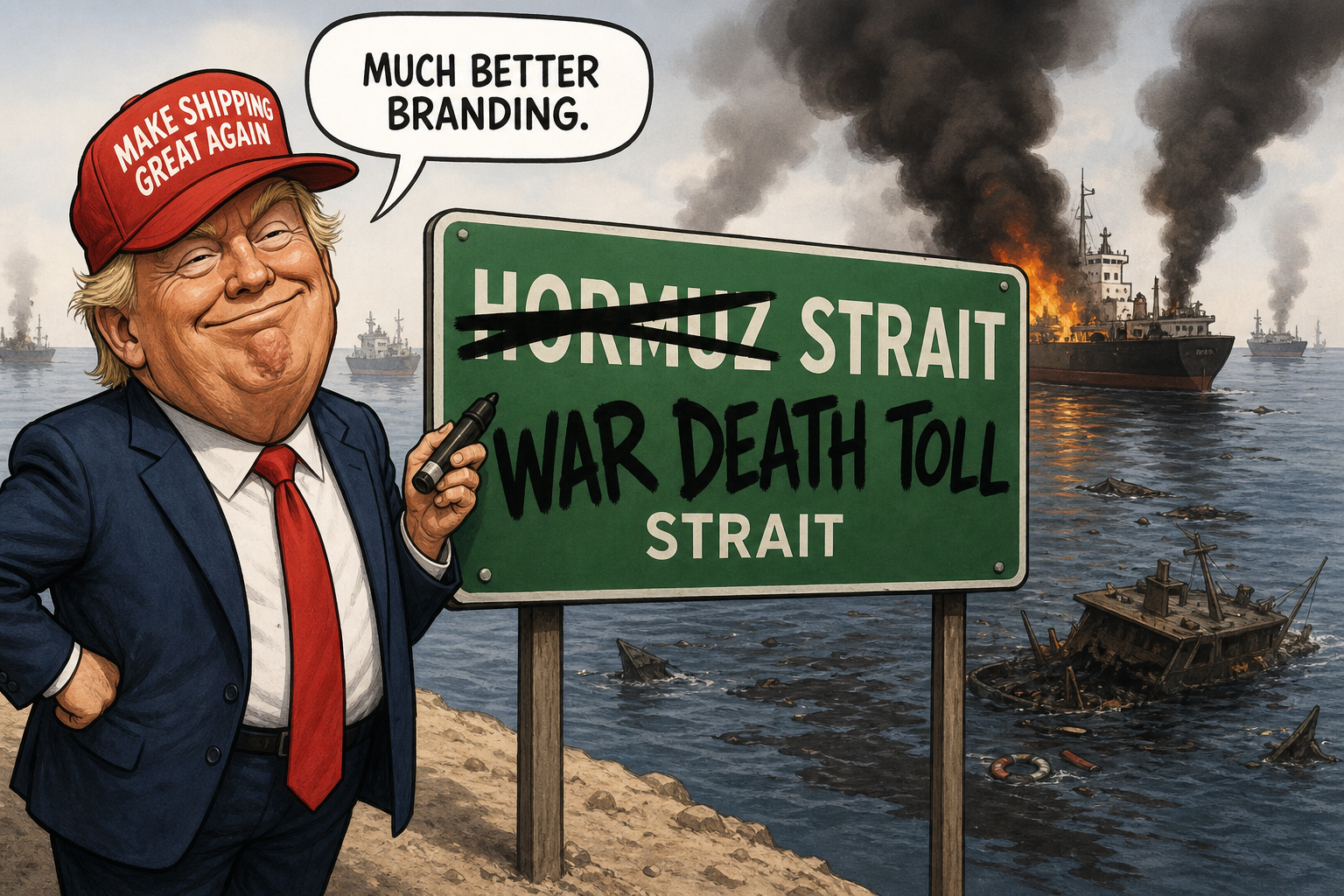 Satirical cartoon for Trump Rebrands Hormuz Strait as War Death Toll Rises