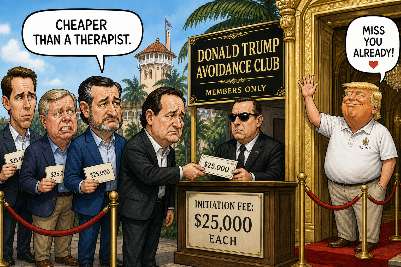 Satirical cartoon for Republicans Will Pay $25,000 Each to Avoid Donald Trump