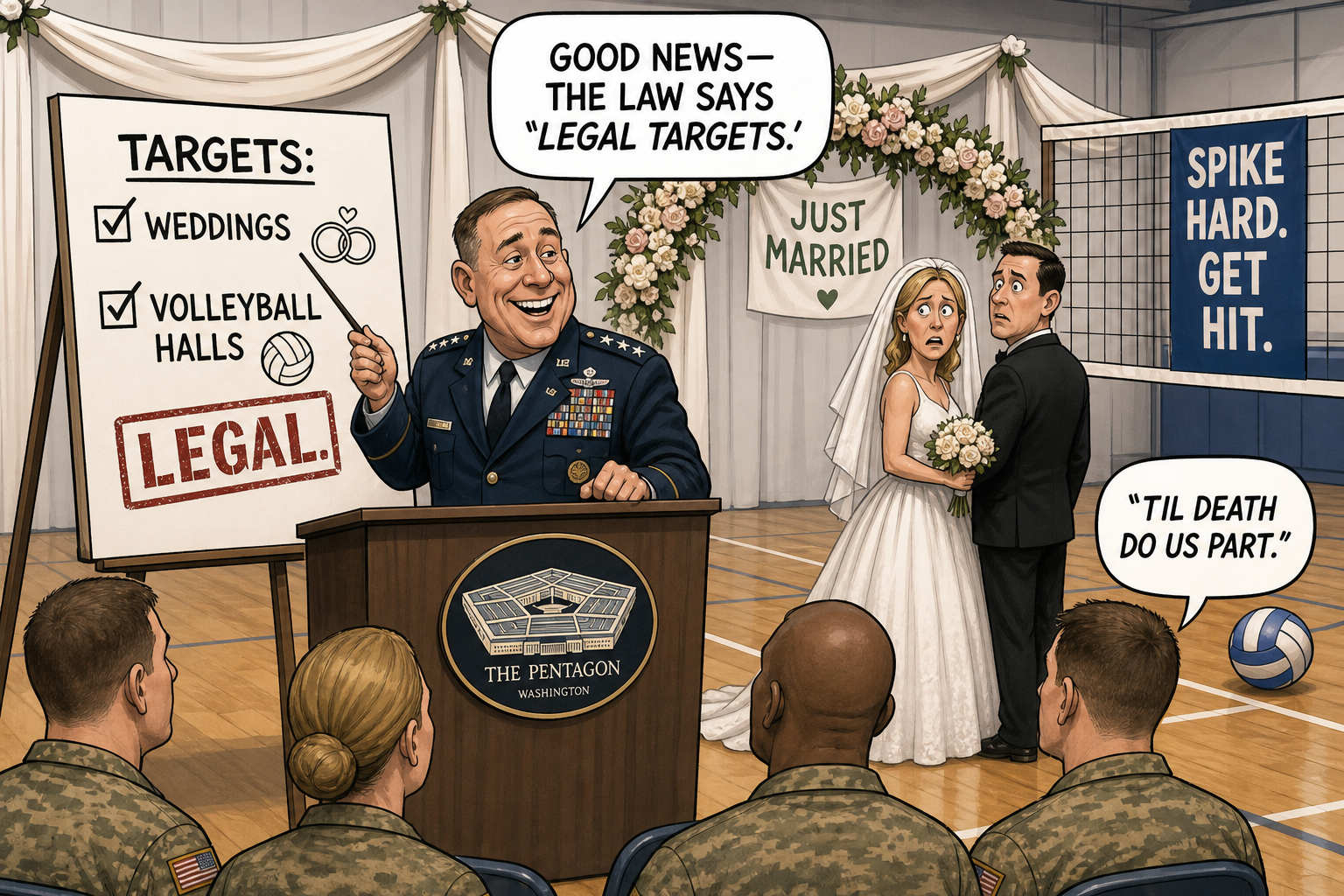 Satirical cartoon for Pentagon Announces Review Confirms Weddings, Volleyball Halls Legal Targets