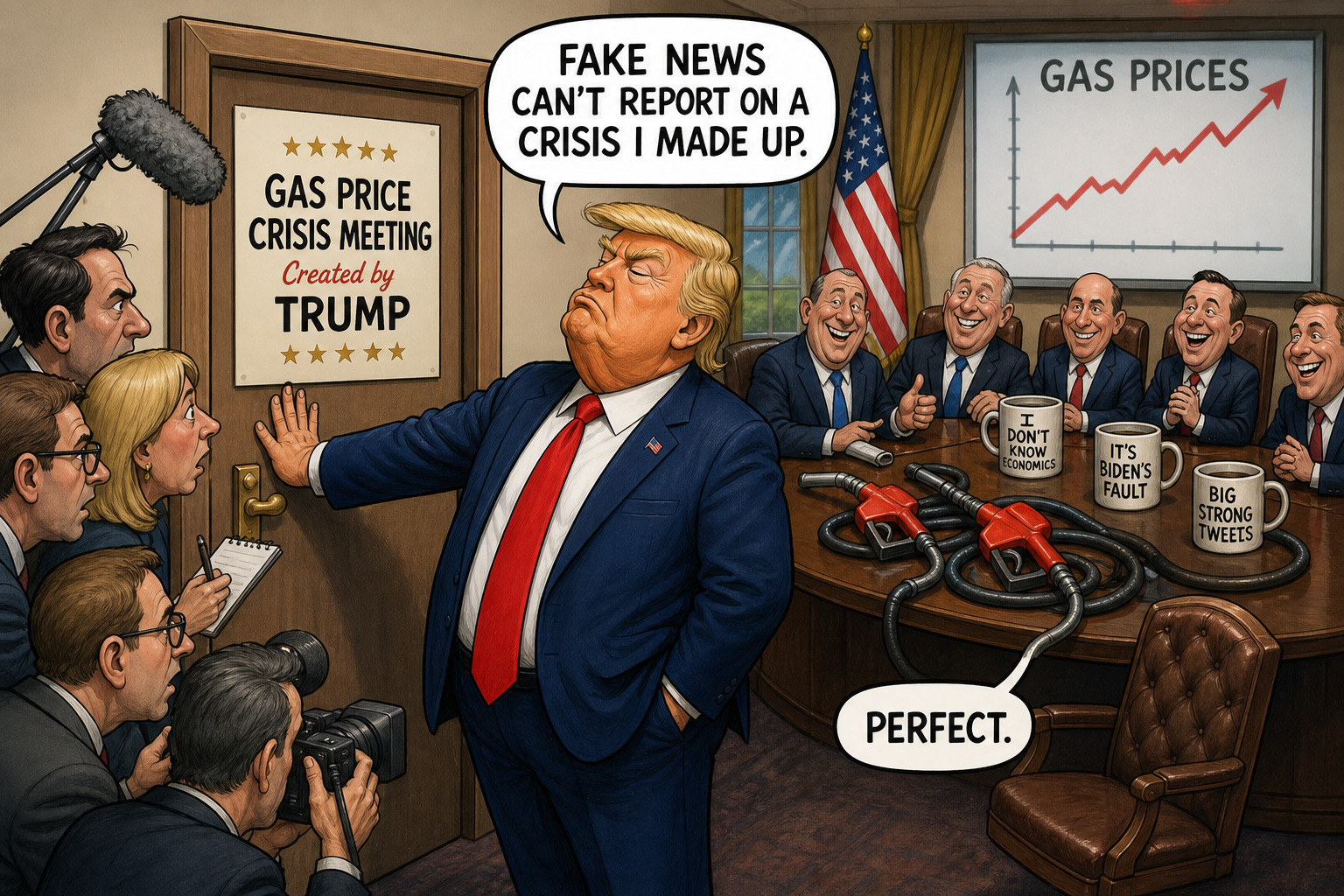 Satirical cartoon for Trump Bans Reporters From Gas Price Crisis Meeting He Created