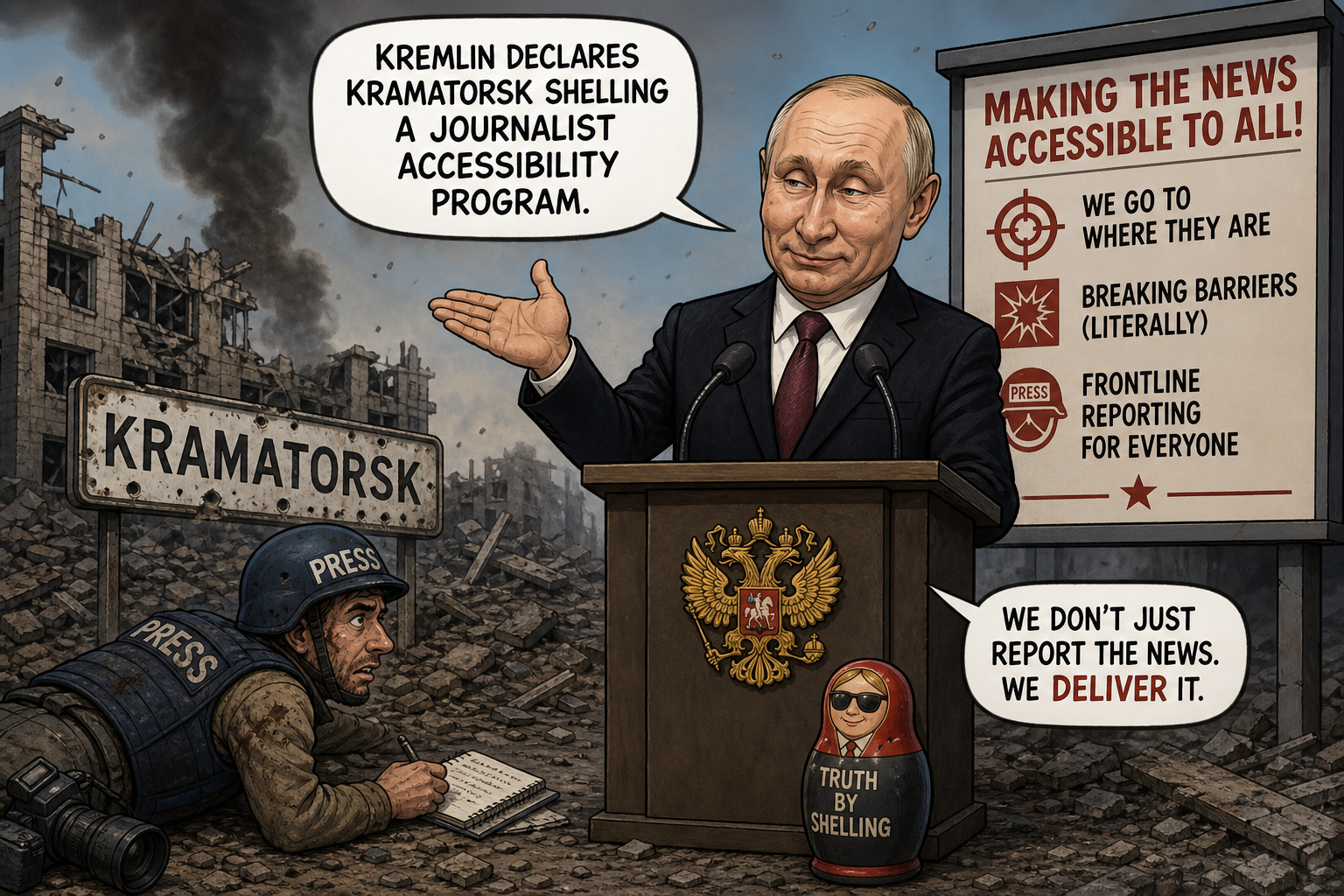 Satirical cartoon for Kremlin Declares Kramatorsk Shelling A Journalist Accessibility Program