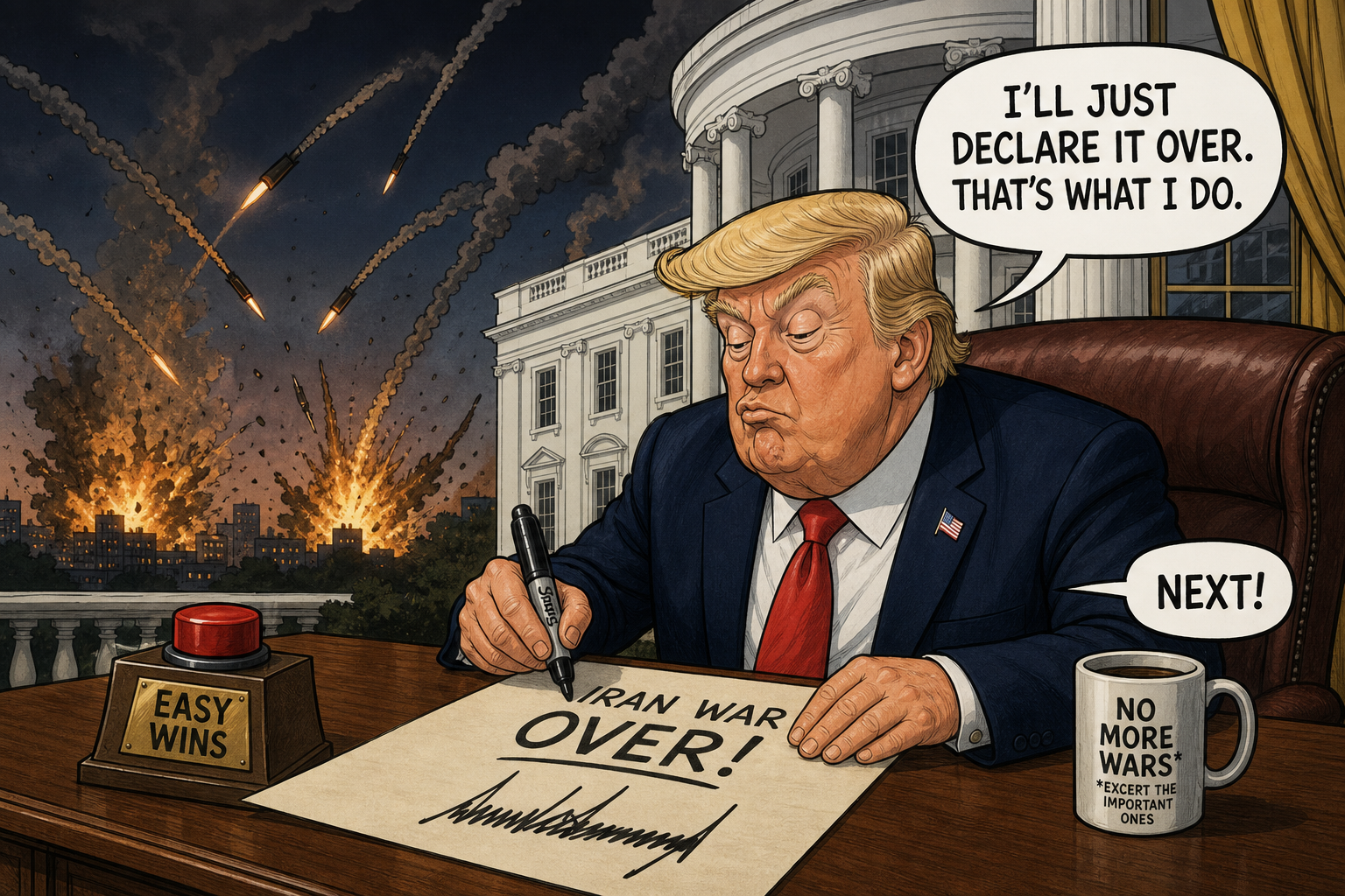 Satirical cartoon for White House Weighs Declaring Iran War Over During Missile Strikes