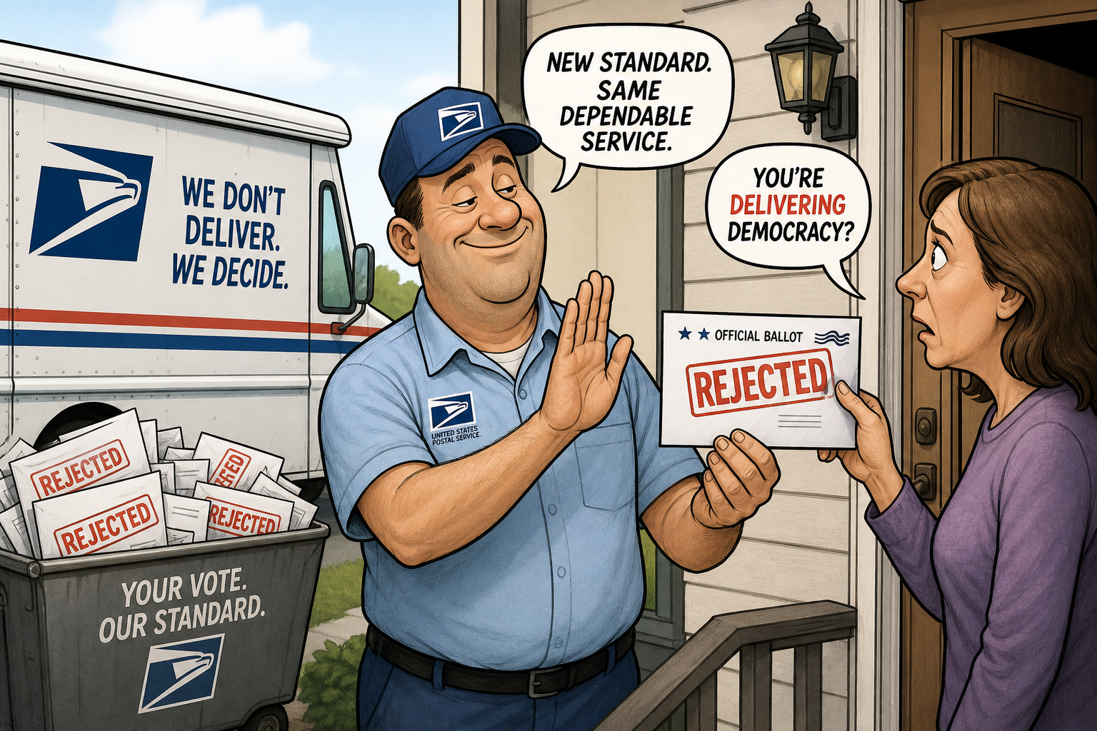 Satirical cartoon for Postal Service Confirms Ballot Rejection Is Now A Delivery Standard