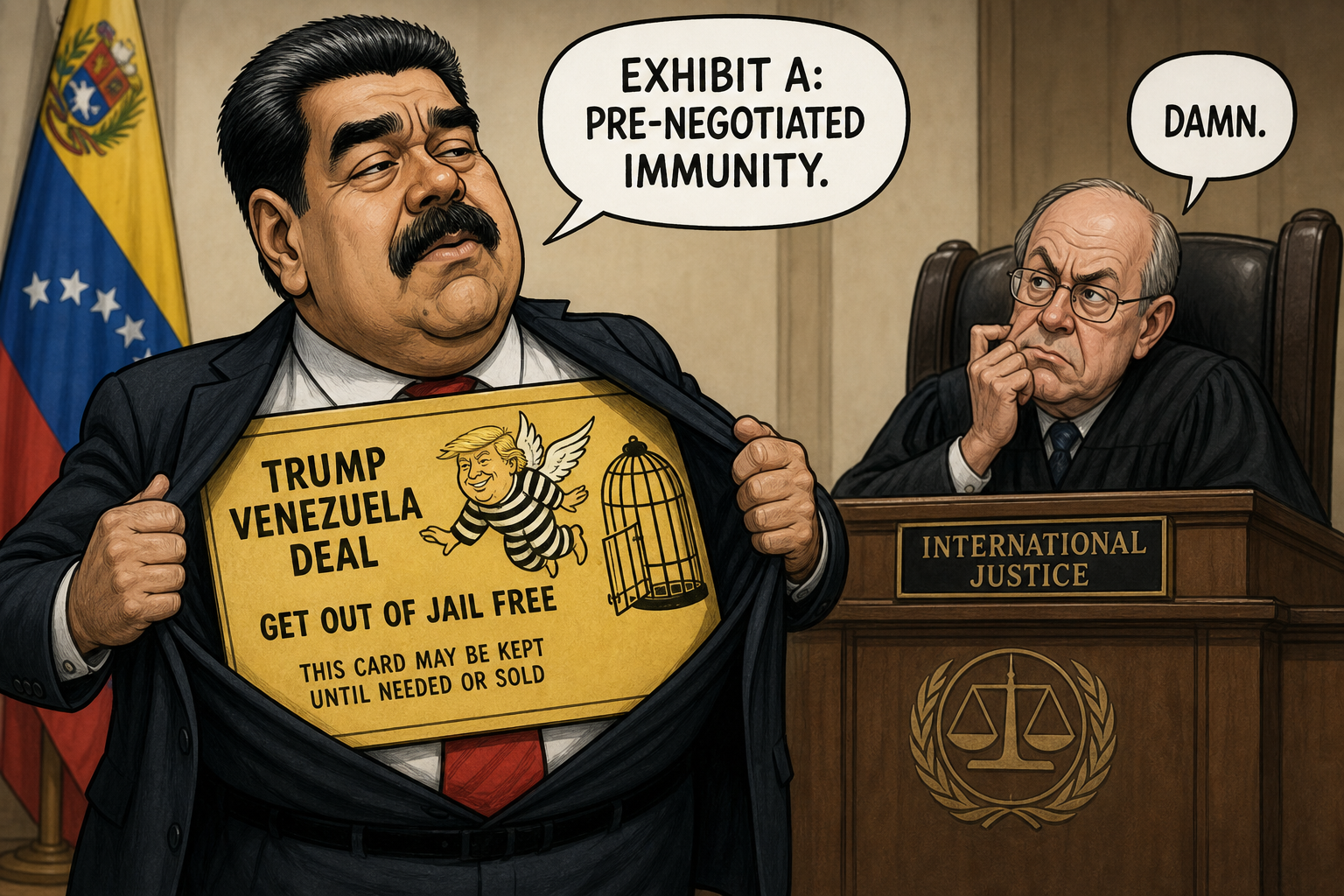 Satirical cartoon for Maduro Cites Trump's Venezuela Deal To Claim Immunity