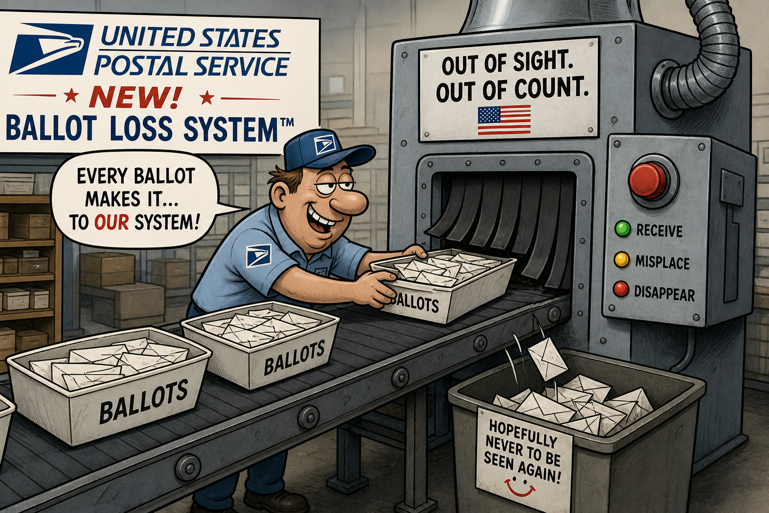 Satirical cartoon for Postal Service Launches New System for Losing Ballots on Purpose