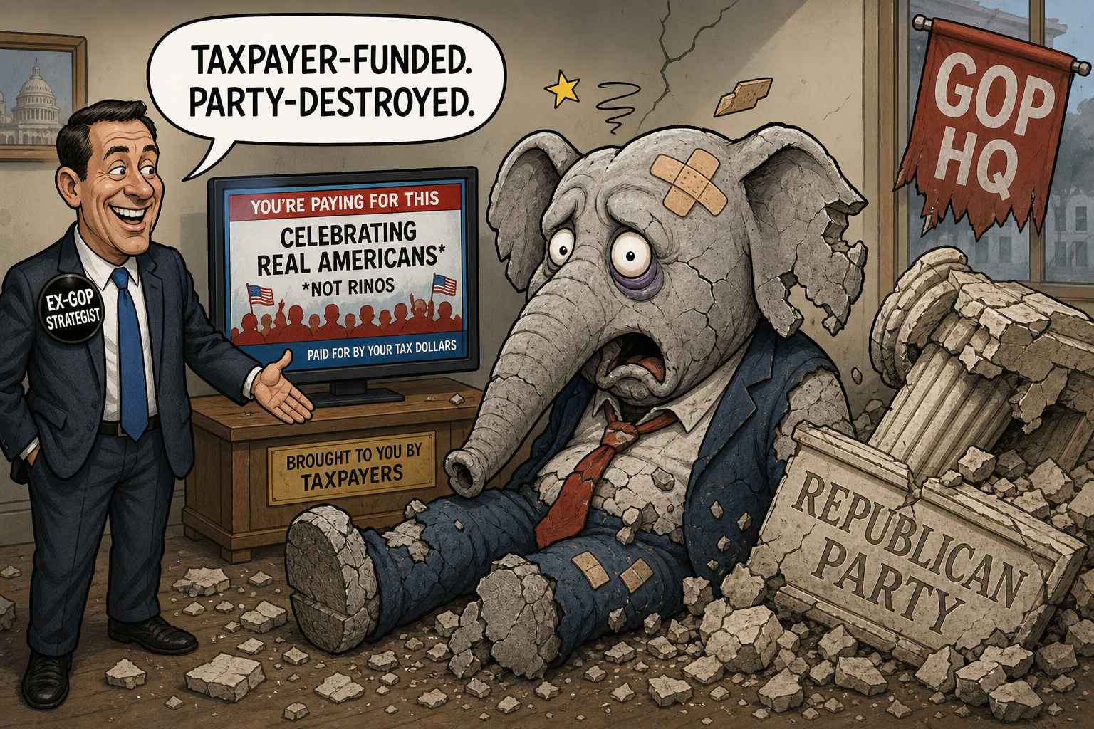 Satirical cartoon for Ex-GOP Strategist Confirms Taxpayer-Funded Ad Broke the Republican Party