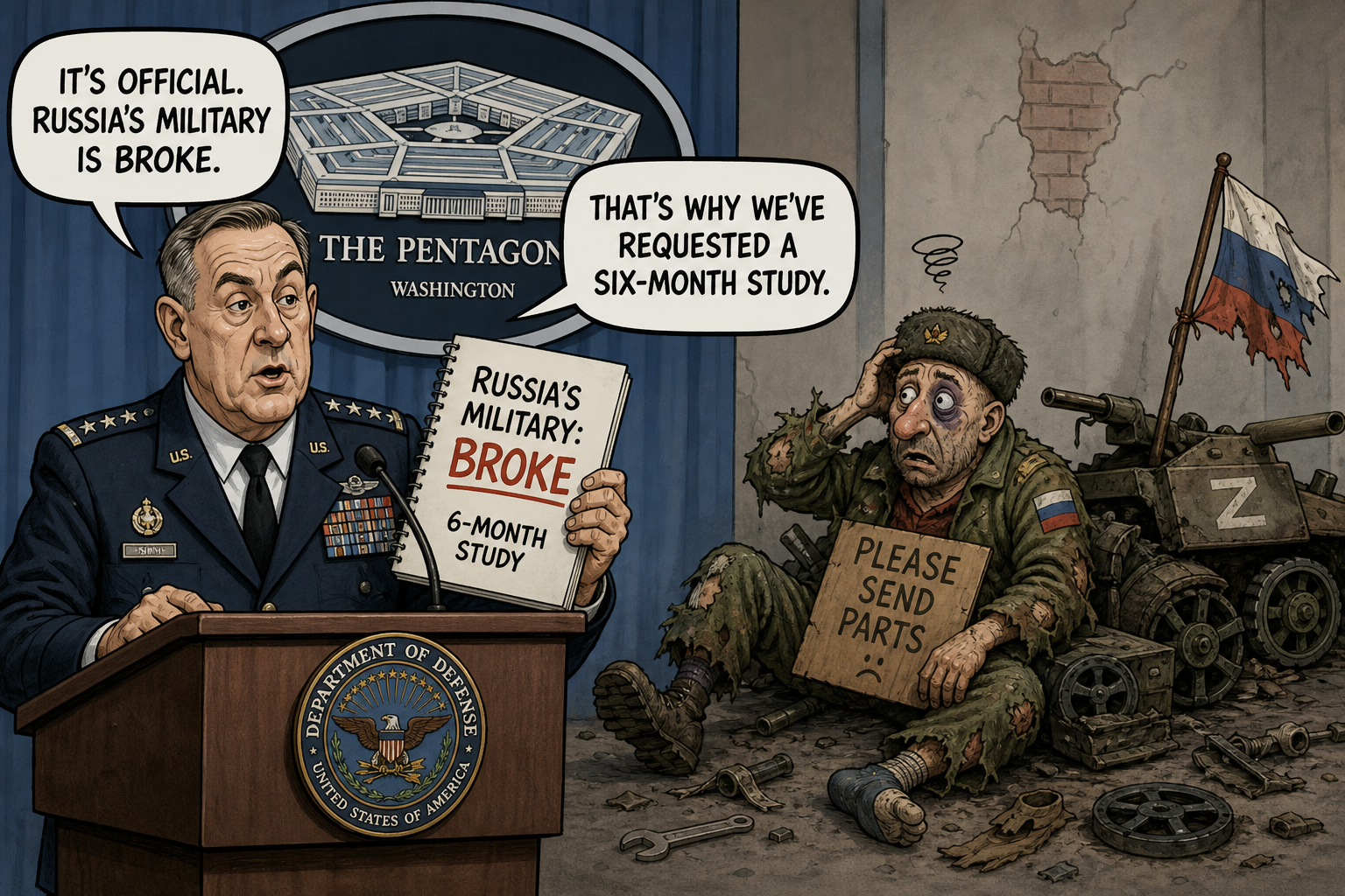 Satirical cartoon for Pentagon Confirms Russia's Military Broke, Requests Six-Month Study