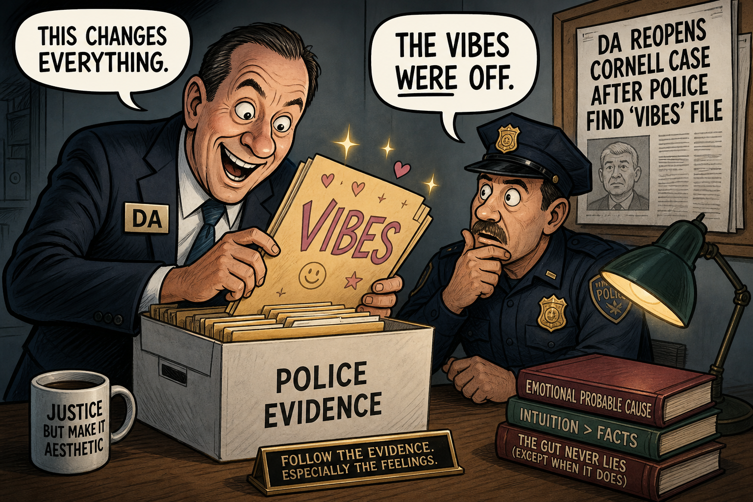 Satirical cartoon for DA Reopens Cornell Case After Police Find ‘Vibes’ File
