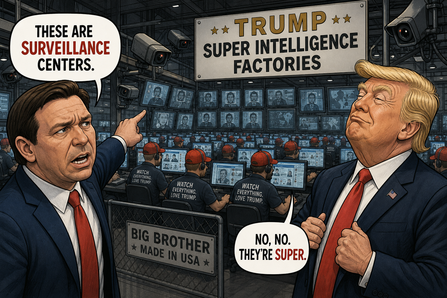 Satirical cartoon for DeSantis Calls Trump’s ‘Super Intelligence Factories’ Surveillance Centers