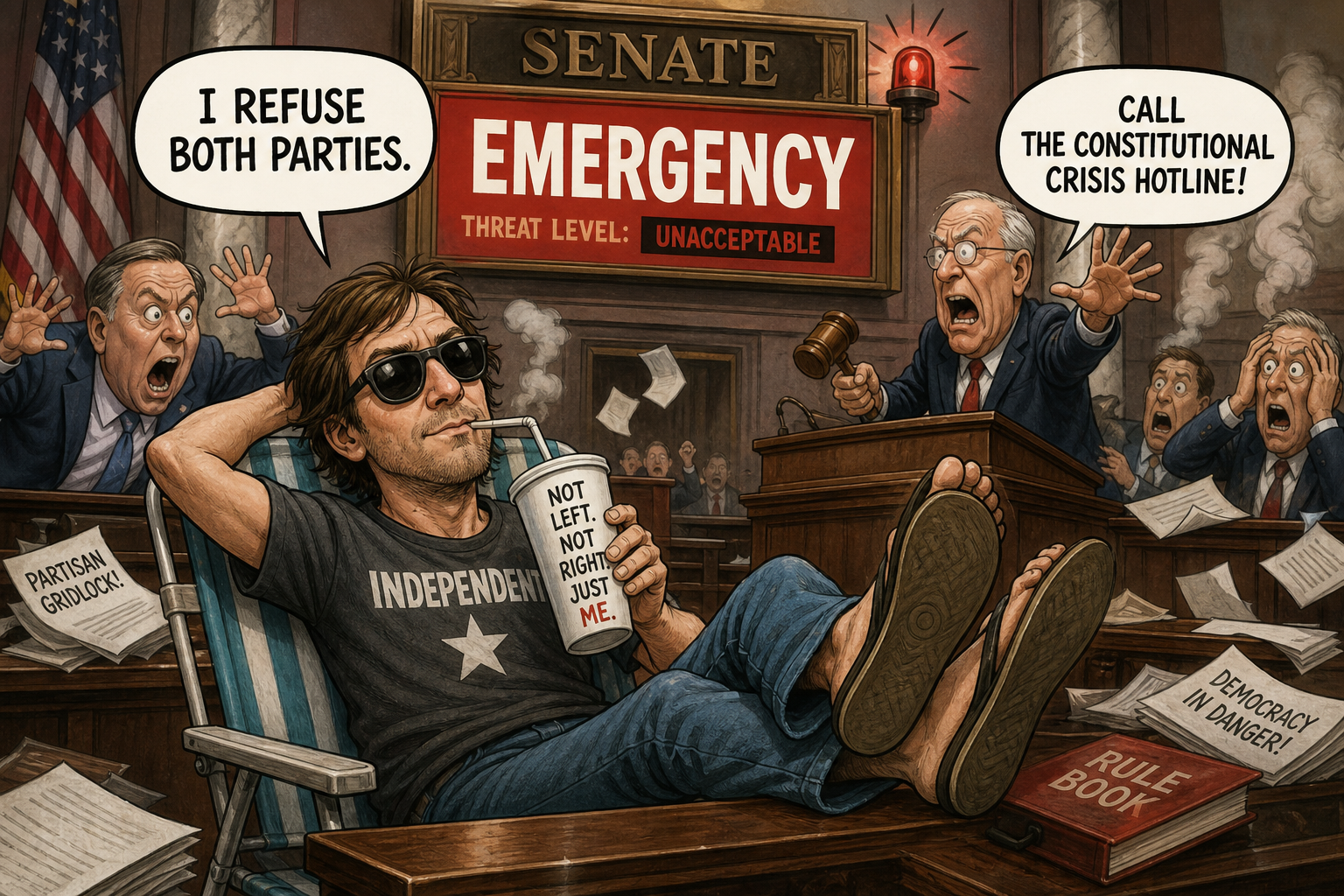Satirical cartoon for Independent Candidate Refuses Both Parties, Senate Declares Emergency