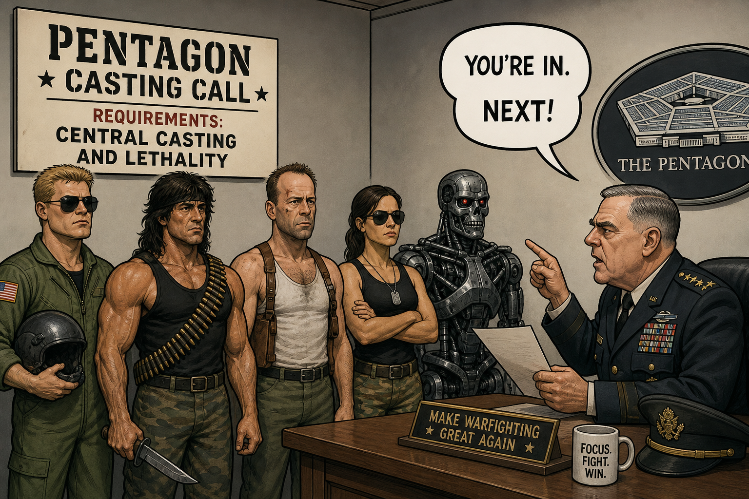 Satirical cartoon for Pentagon Ends 'Woke' Era, Requires Central Casting and Lethality