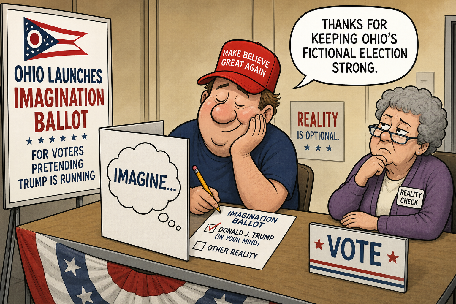 Satirical cartoon for Ohio Launches Imagination Ballot For Voters Pretending Trump Is Running