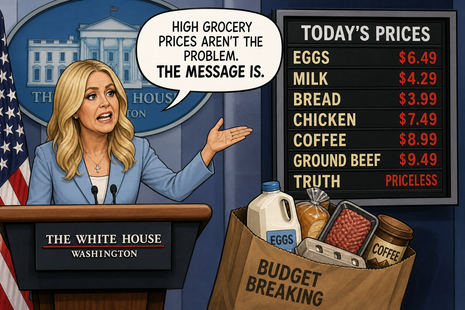 Satirical cartoon for White House Calls High Grocery Prices a Messaging Failure