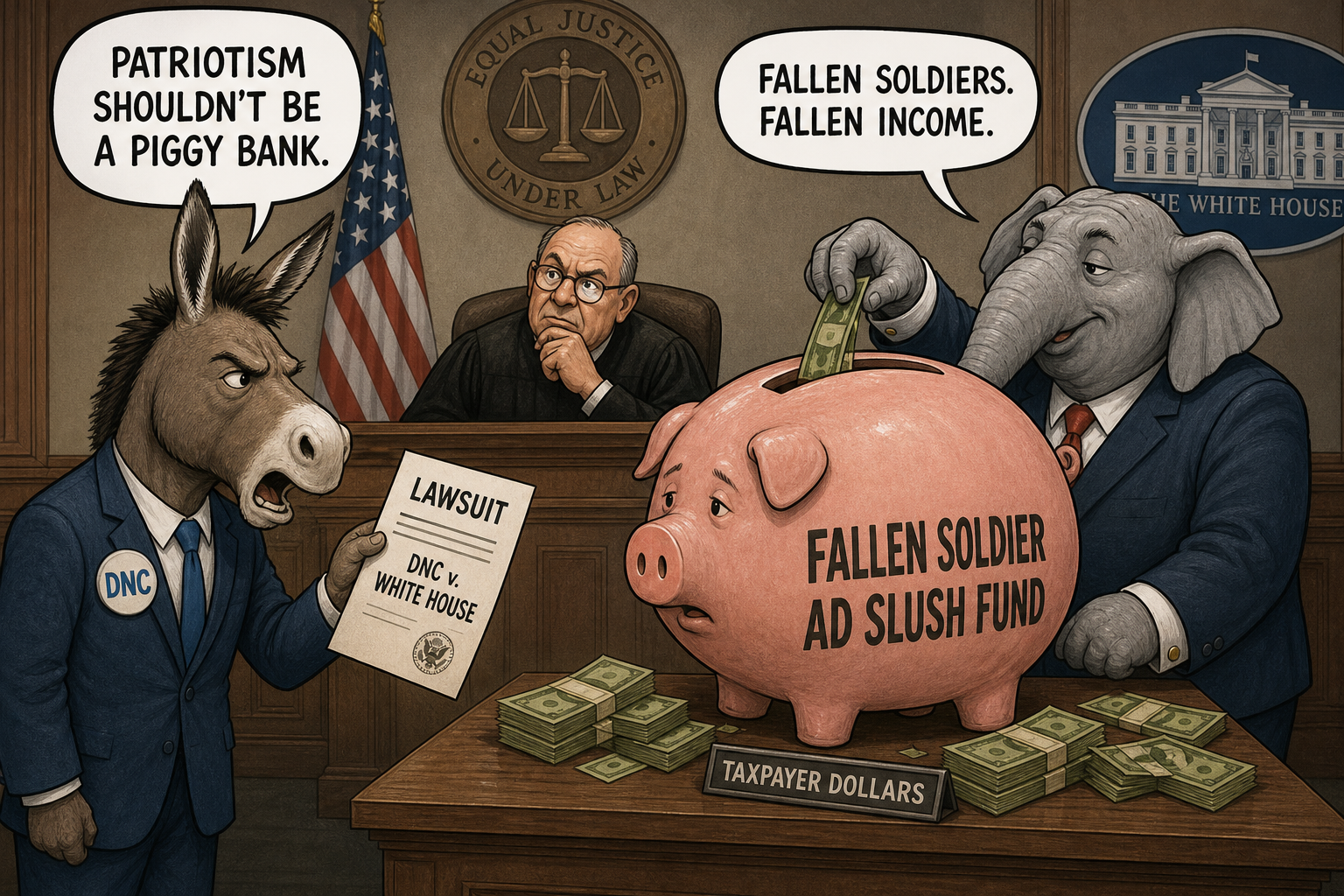 Satirical cartoon for DNC Sues White House Over Fallen Soldier Ad Slush Fund