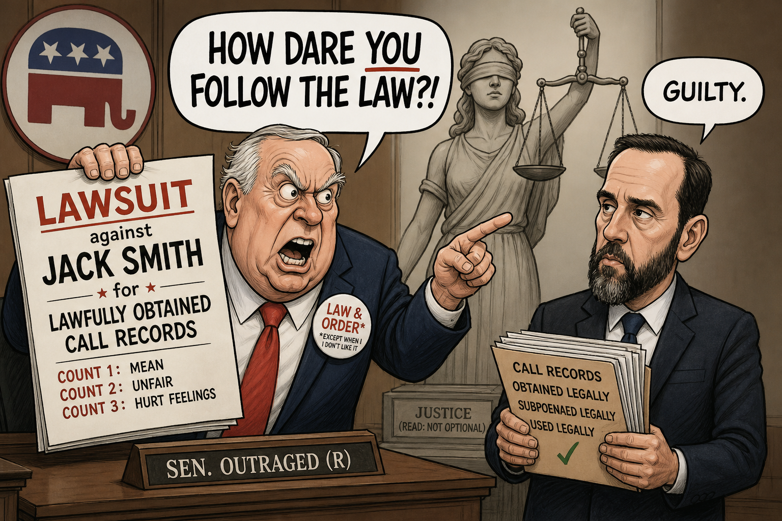 Satirical cartoon for GOP Senator Sues Jack Smith for Lawfully Obtained Call Records