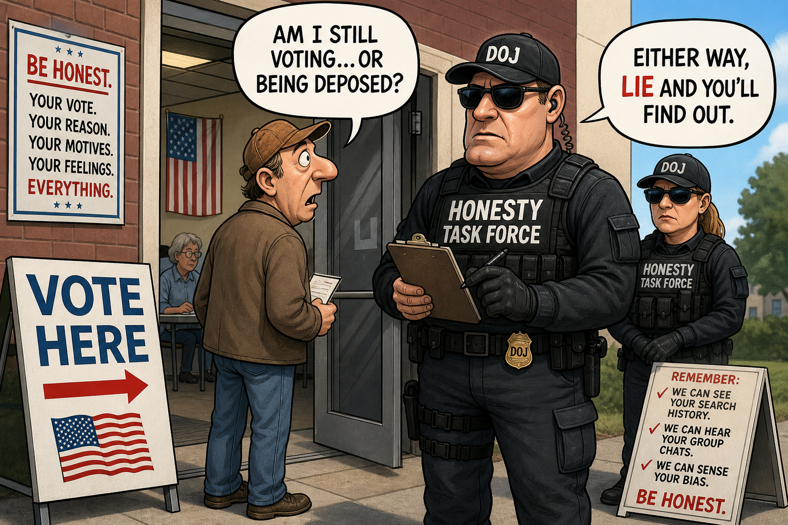 Satirical cartoon for Justice Department Deploys Federal Agents to Polling Places for Honesty